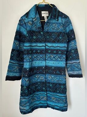 Chico’s Blue Black Appliqué Embroidered Embellished Lined Jacket Sz 0 (US Small)